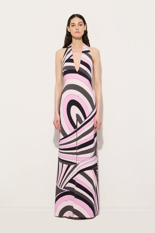 Iride Print Long V-Neck Dress