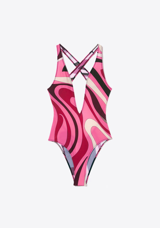 Marmo-Print Cross-Over Swimsuit
