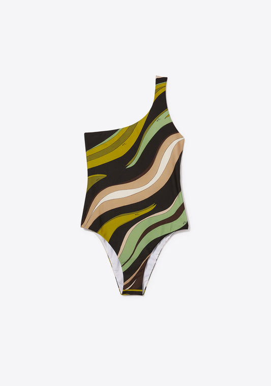 Fiamme-Print One-Shoulder Swimsuit