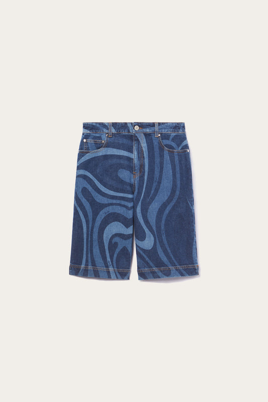 Marmo-Print Denim Shorts