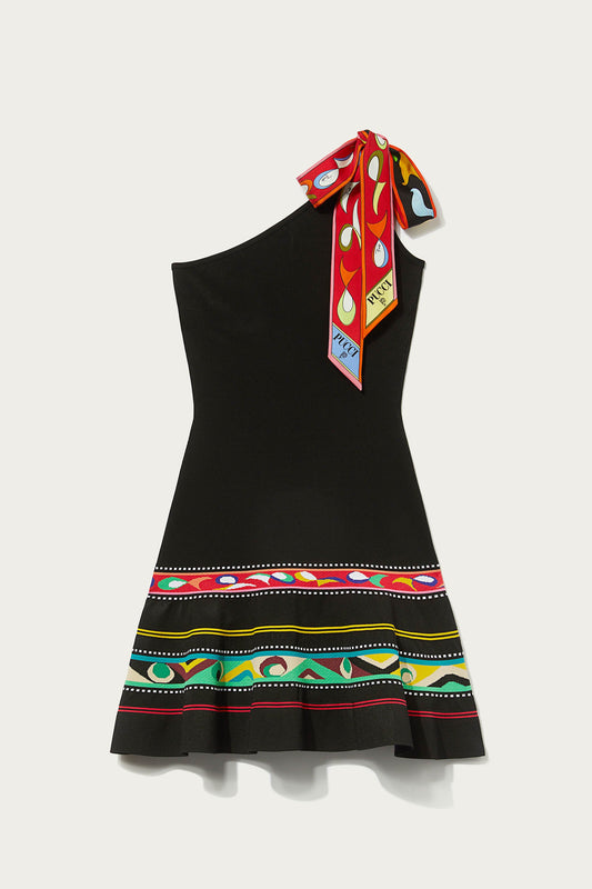 Stripe-Jacquard One-Shoulder Mini Dress