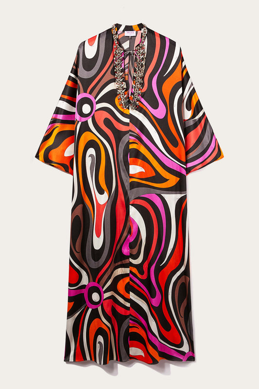 Marmo-Print Bead-Embellished Kaftan Dress