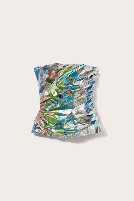 Girandole-Print Iridescent Strapless Top