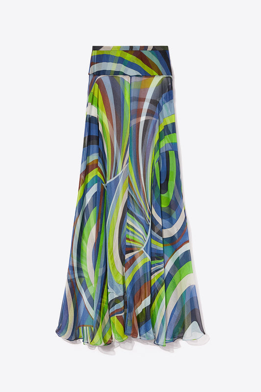Iride-Print Silk Long Skirt