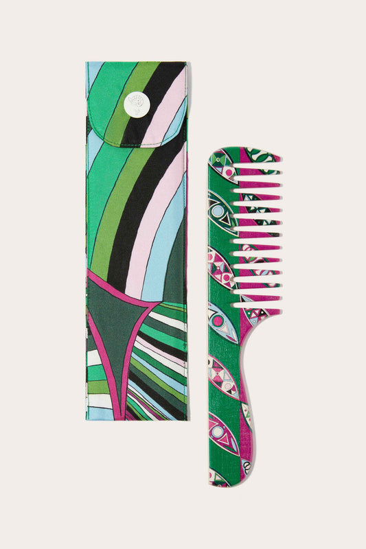 Rombi-Print Wooden Comb And Pouch Set