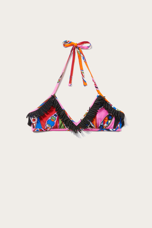 Girandole-Print Fringe-Trimmed Bikini Top