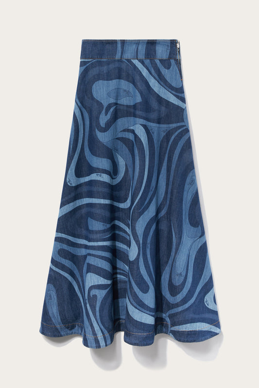 Marmo-Print Denim Skirt