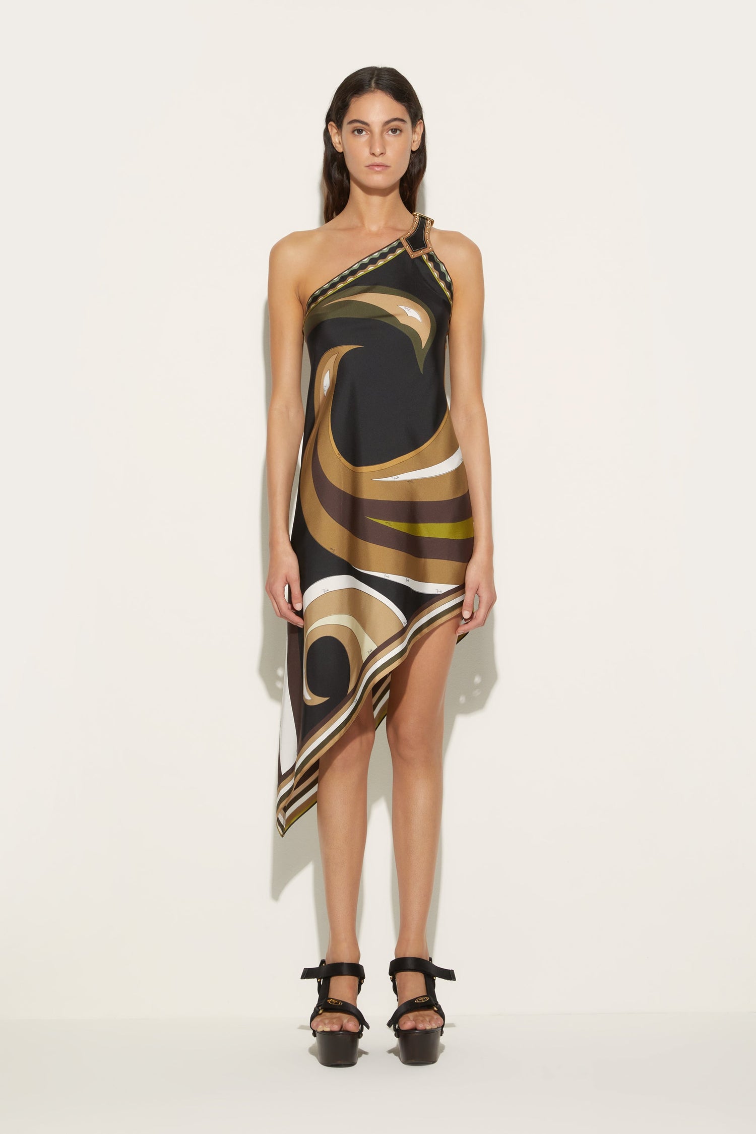Cigni-Print Asymmetric Silk-Twill Dress