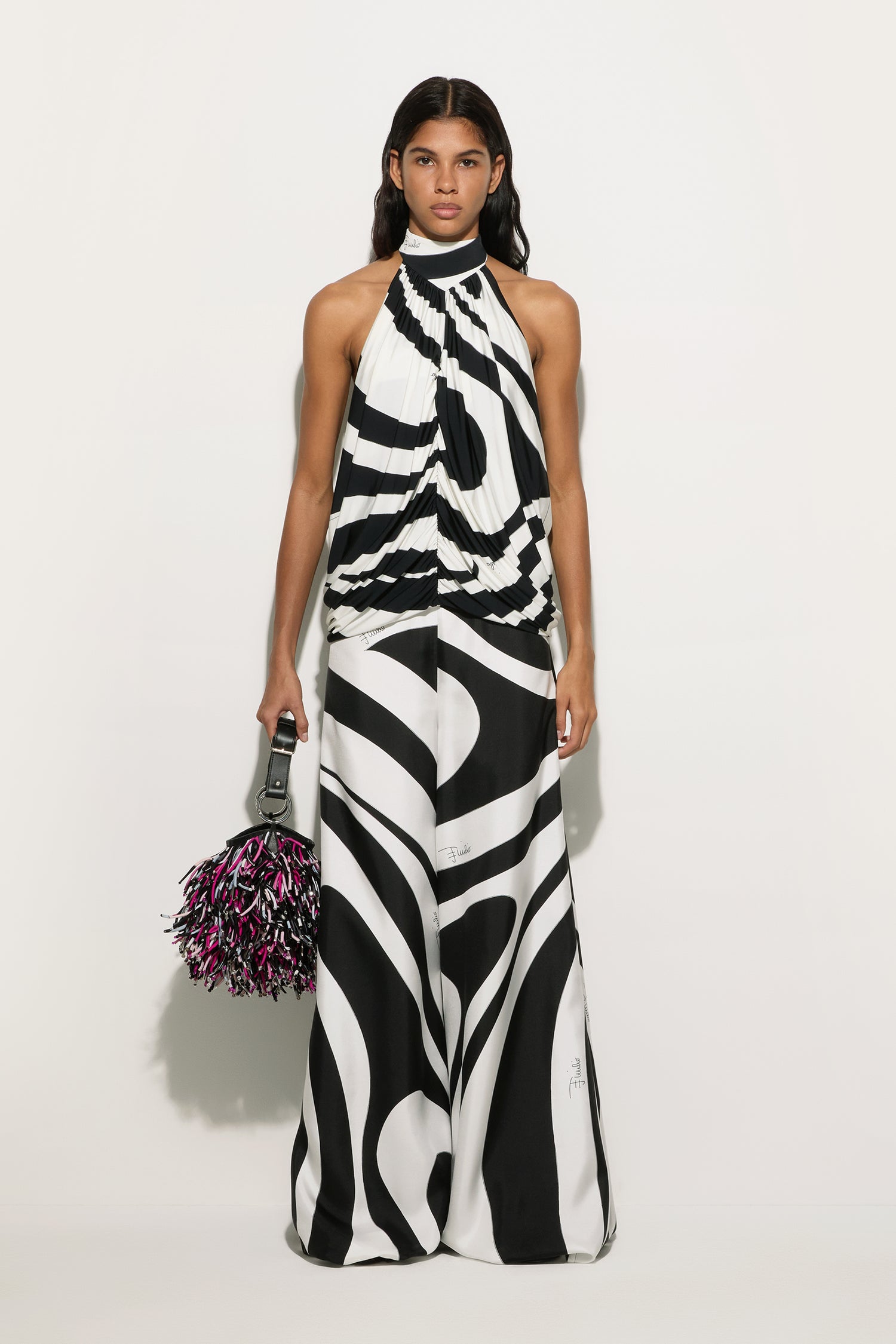 Marmo Print Silk Twill Wide-Leg Pants