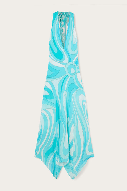 Marmo Print V-neck Dress with Asymmetrical Hem