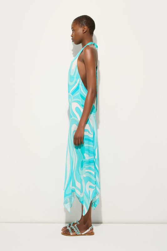 Marmo Print V-neck Dress with Asymmetrical Hem