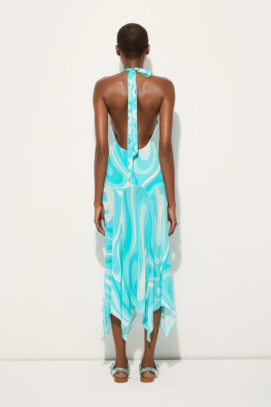 Marmo Print V-neck Dress with Asymmetrical Hem