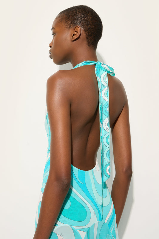 Marmo Print V-neck Dress with Asymmetrical Hem