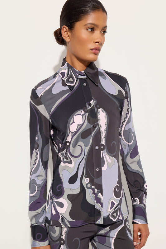 Camicia in Jersey Satin in Stampa Orchidee