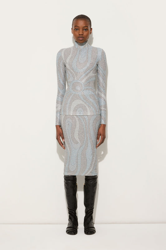 Marmo Print High-neck Lamé Top