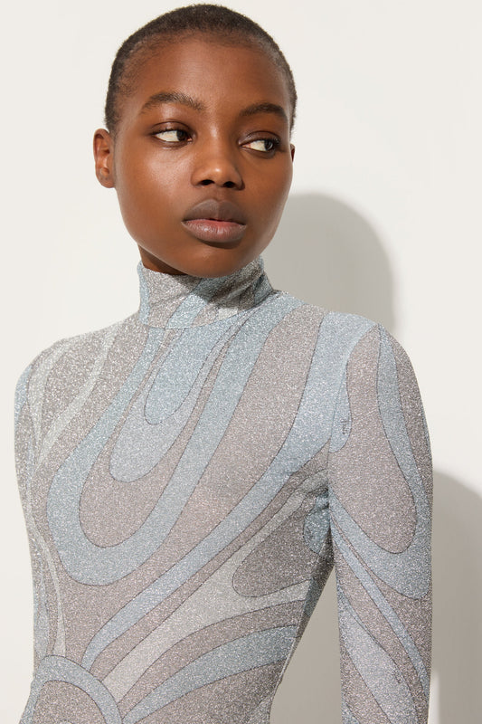 Marmo Print High-neck Lamé Top