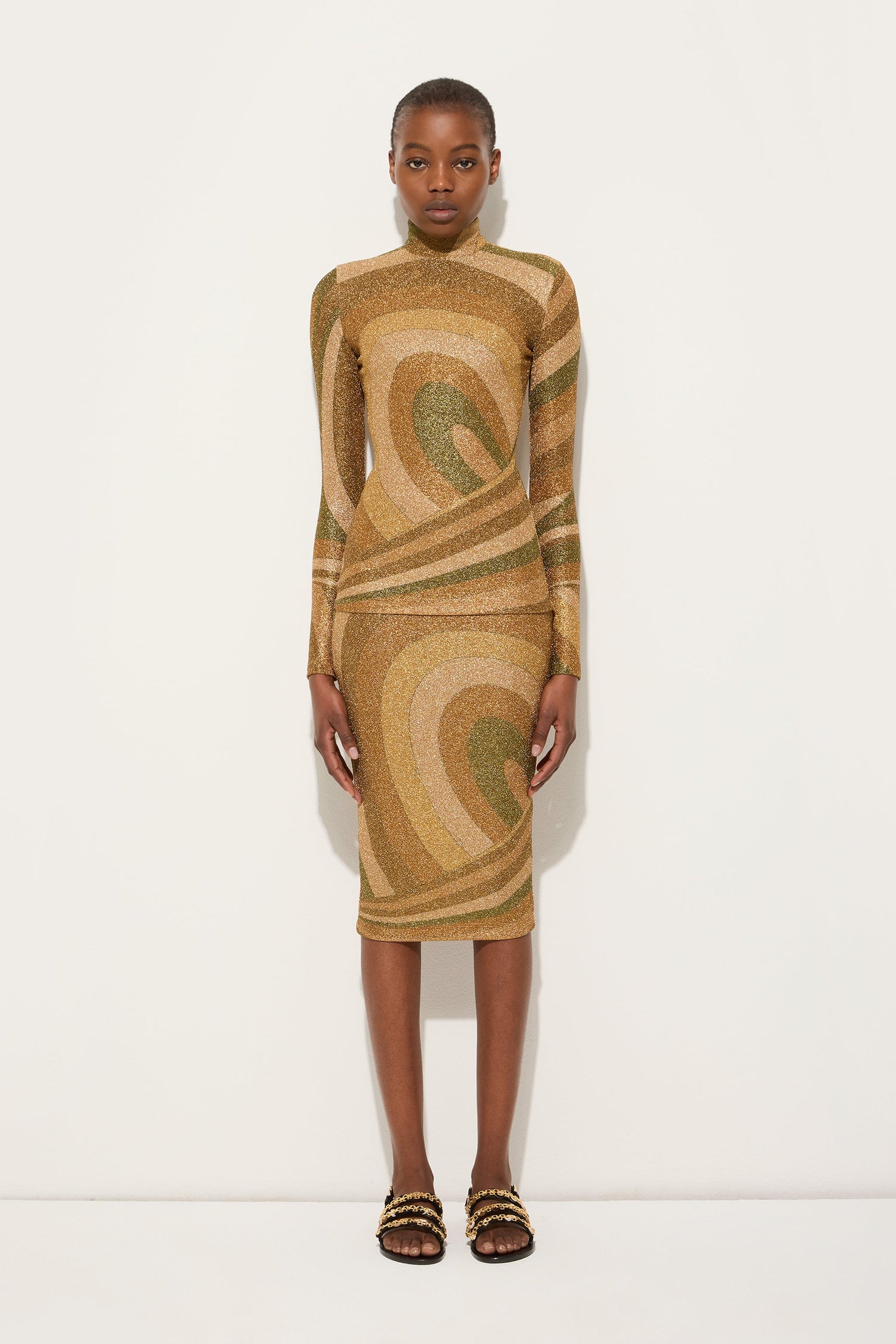 Iride Print Lamé Jersey Midi Skirt