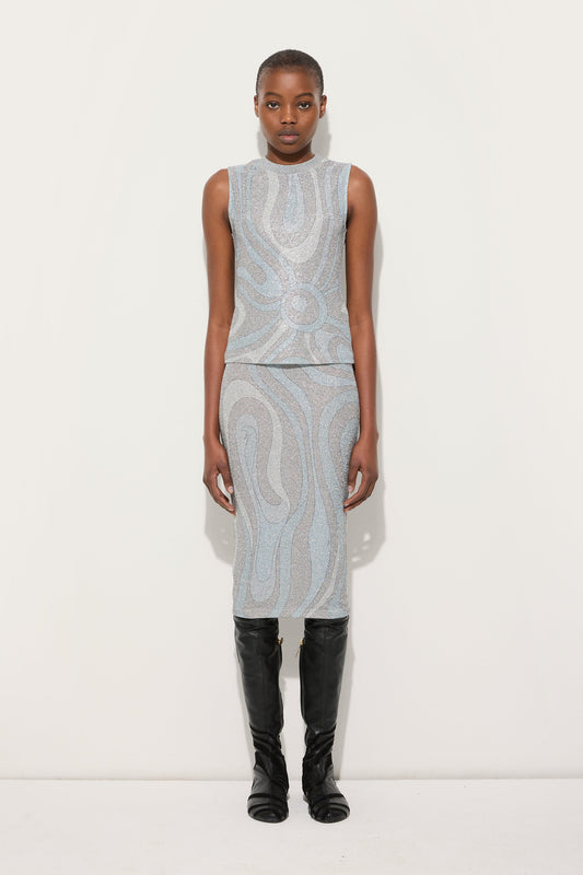 Marmo Print Midi Skirt in Jersey Lamé