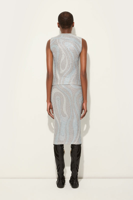 Marmo Print Midi Skirt in Jersey Lamé