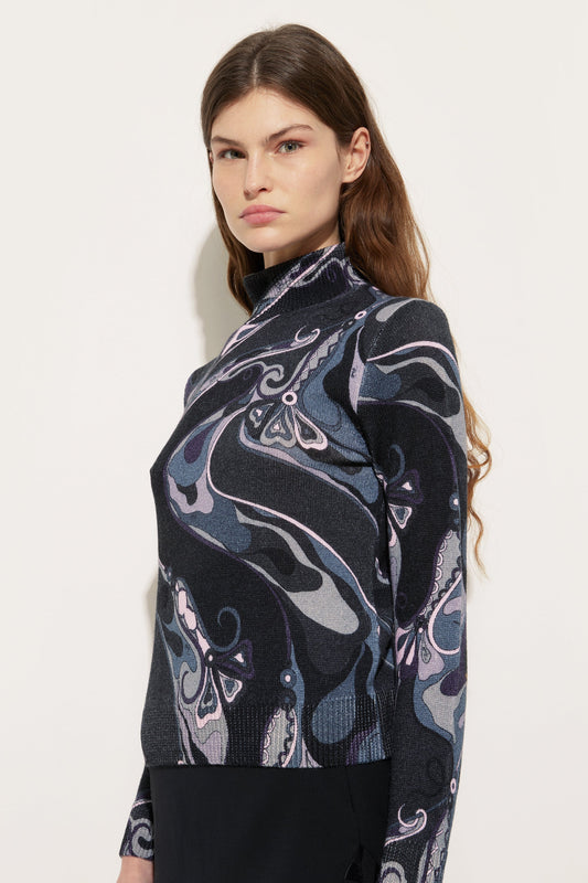 Orchidee Print High Neck Sweater in Wool