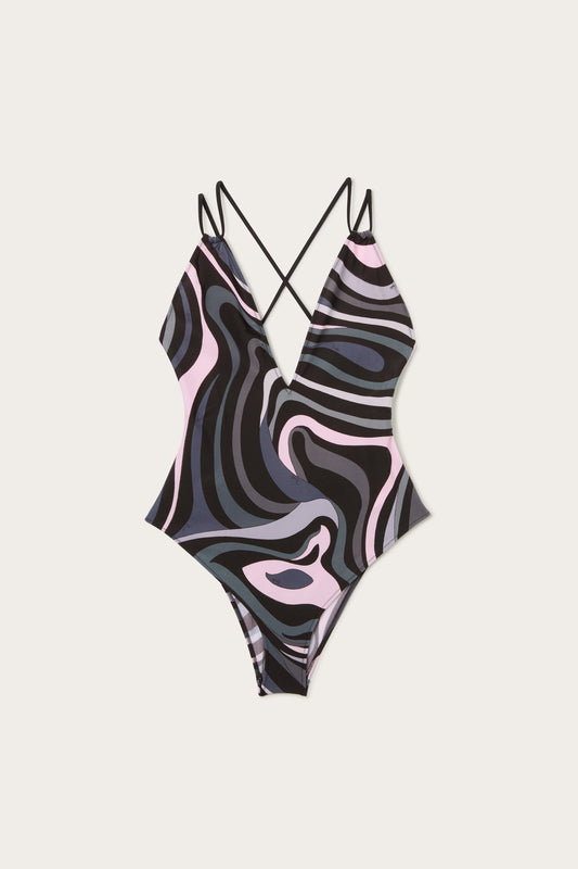 Marmo Print V-neck Swimsuit