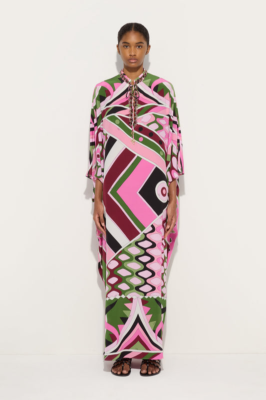 Kaftano Lungo con Ricamo in Stampa Vivara