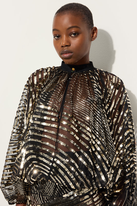 Iride Print Embroidered Tulle Blouse