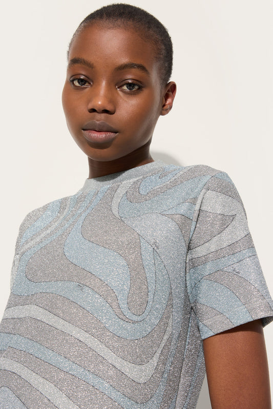 T-shirt in Jersey Lamé in Stampa Marmo