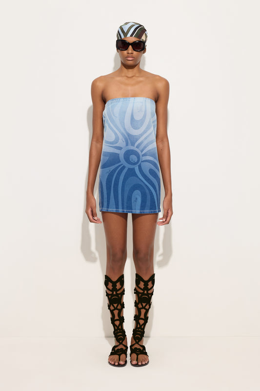 Marmo Print Short Denim Dress