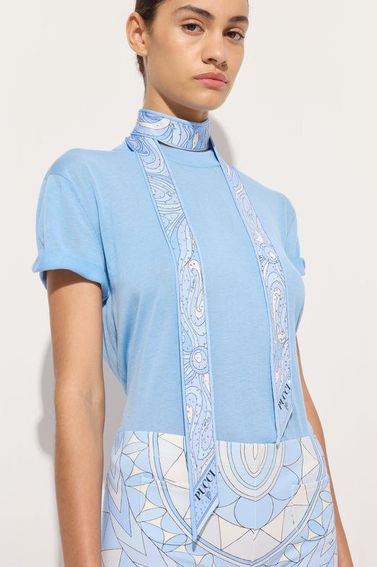 Mixed Print Silk Twill Scarf with Rhinestones