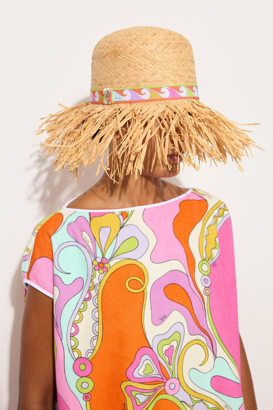 Raffia Hat with Printed Brim