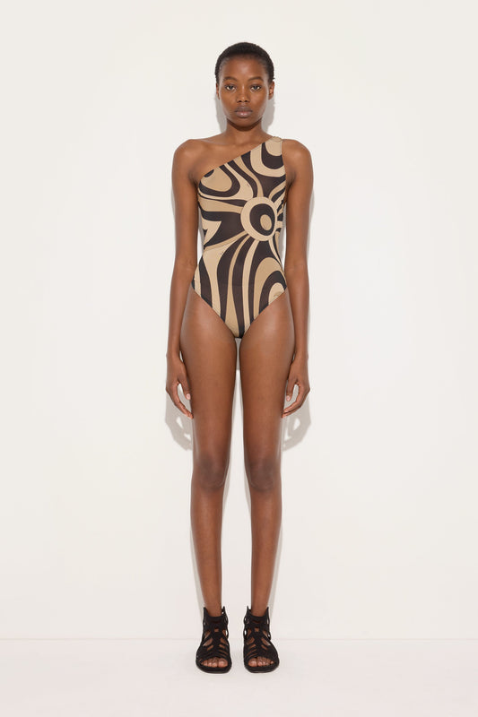 Marmo Print One-Shoulder Swimsuit