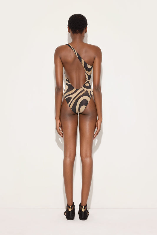 Marmo Print One-Shoulder Swimsuit