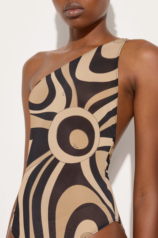 Marmo Print One-Shoulder Swimsuit