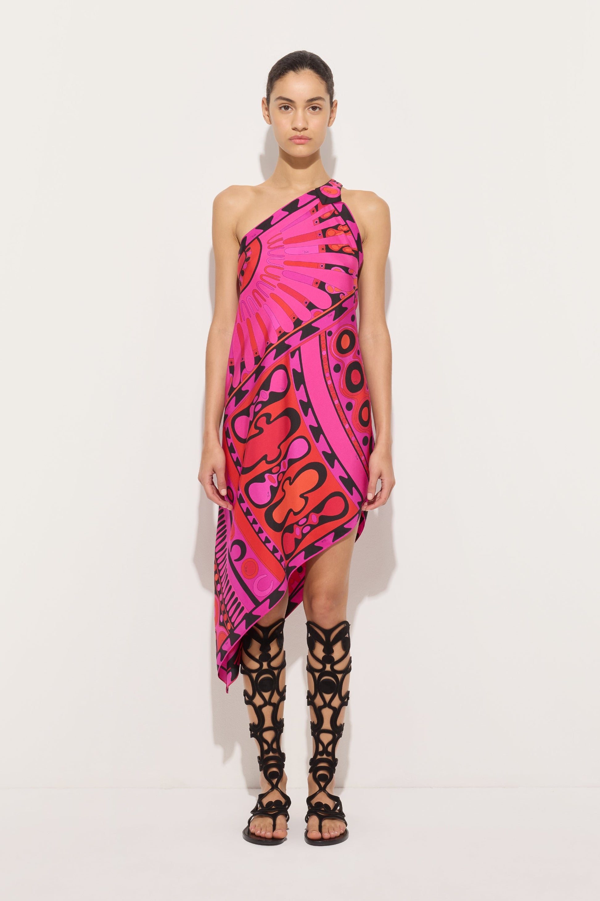 Pucci - Soleil Print One Shoulder Dress - Size: L - Fuchsia & Black