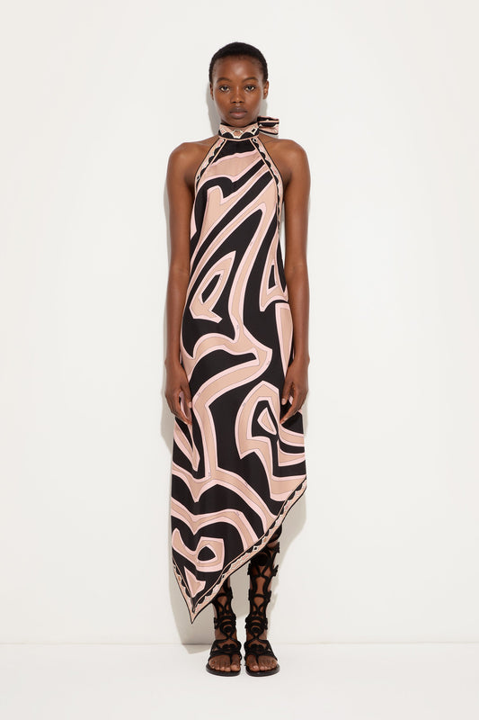 Labirinto Print Silk Dress with Halter Neckline
