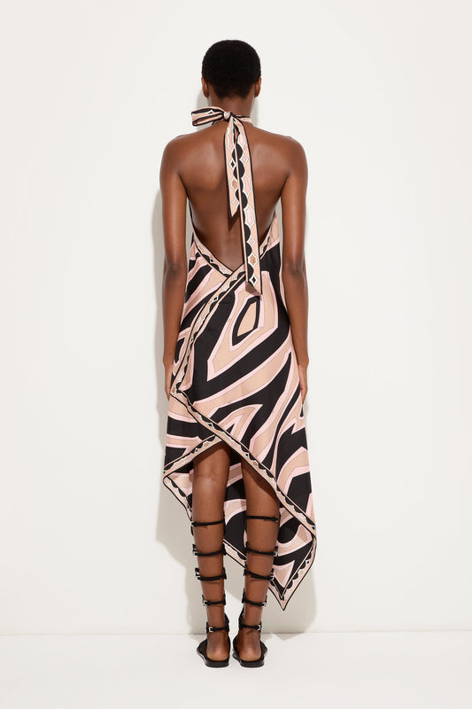 Labirinto Print Silk Dress with Halter Neckline