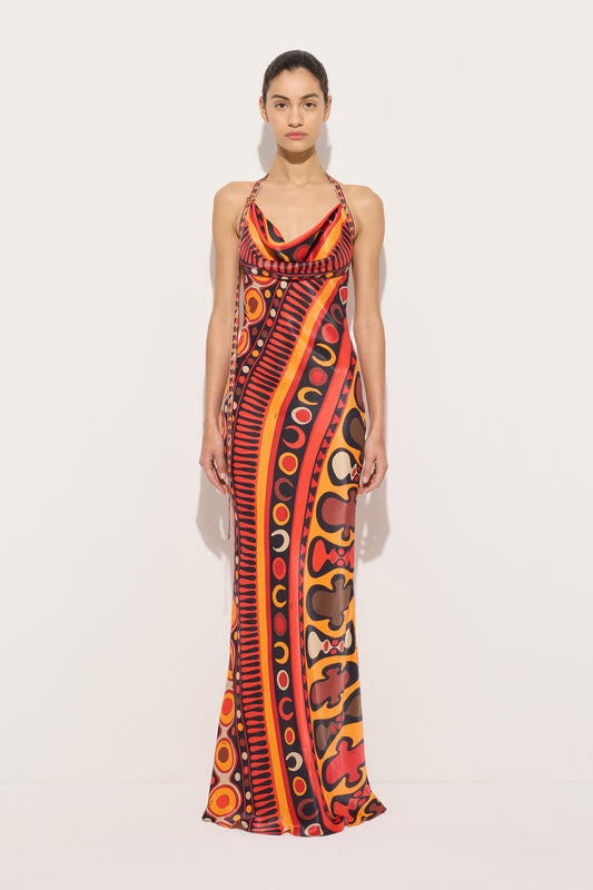 Soleil Print Orange Satin Dress