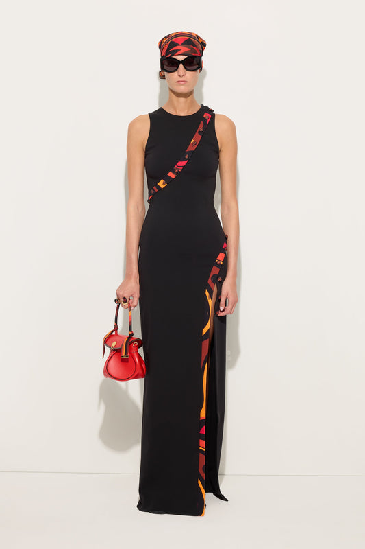 Long fitted dress with printed detail