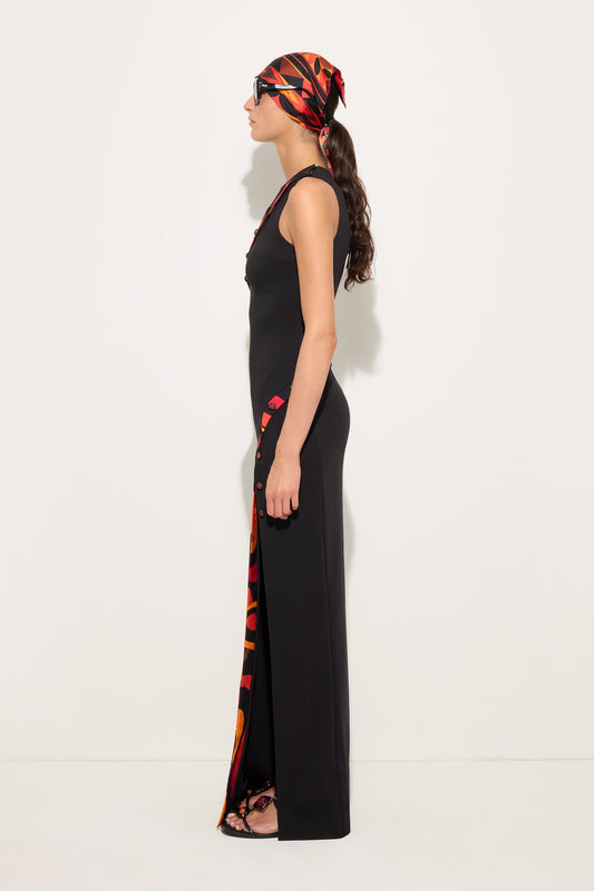 Long fitted dress with printed detail