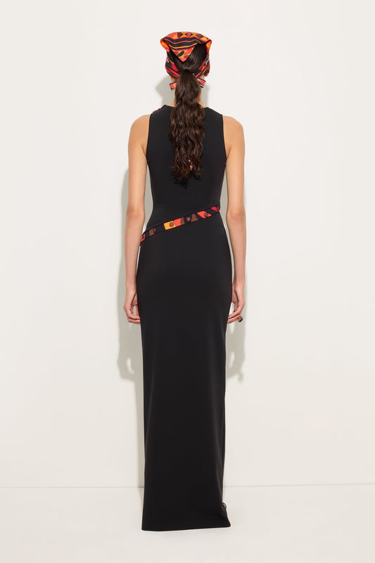 Long fitted dress with printed detail