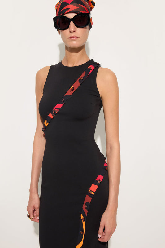 Long fitted dress with printed detail