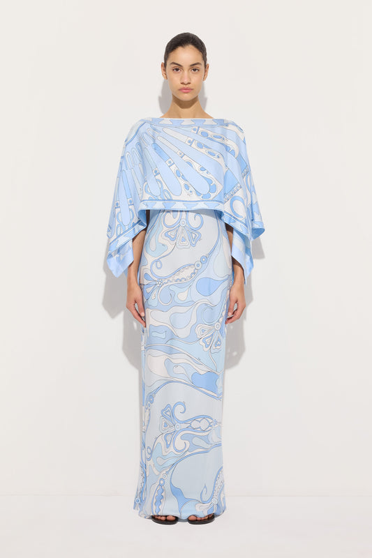 Orchidee and Soleil Print Silk Dress with Cape