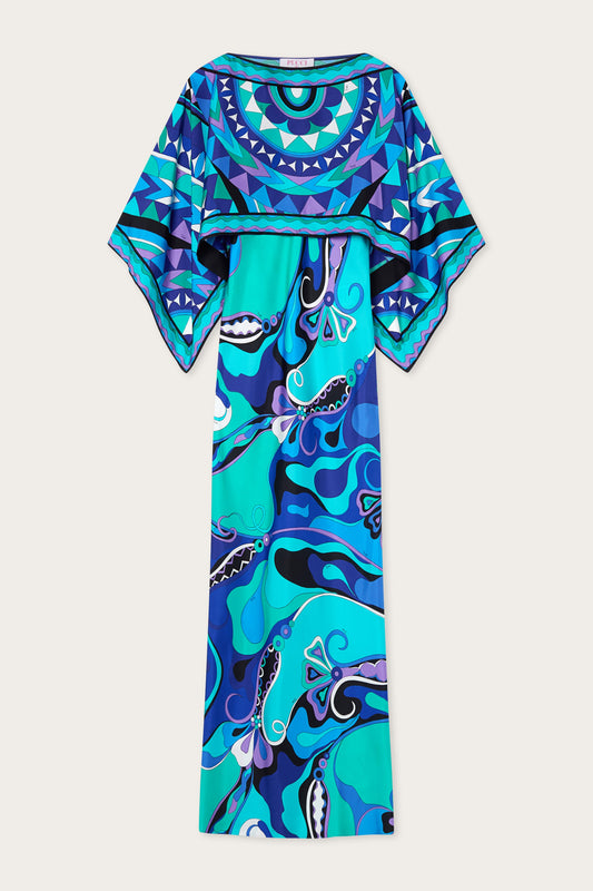 Orchidee Print Silk Dress with Cape