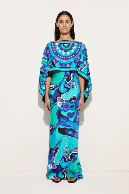 Orchidee Print Silk Dress with Cape