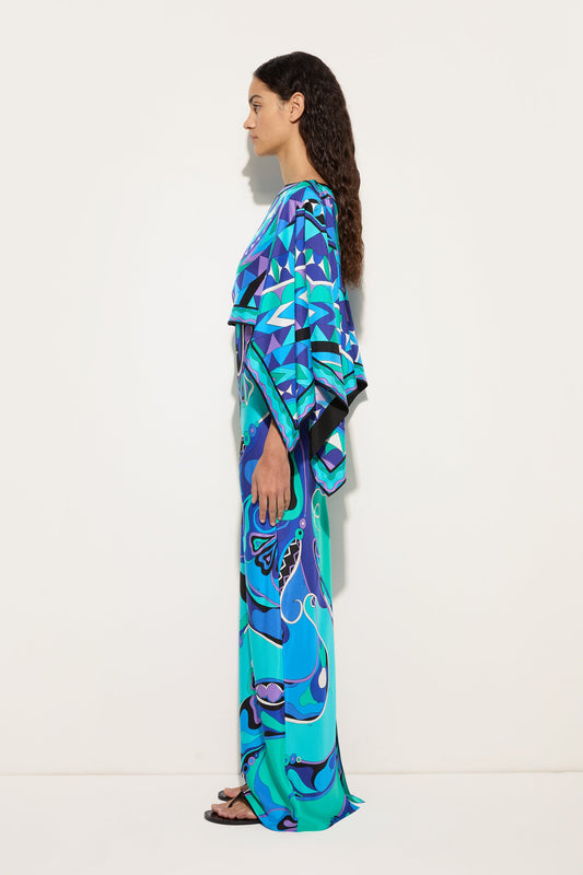 Orchidee Print Silk Dress with Cape