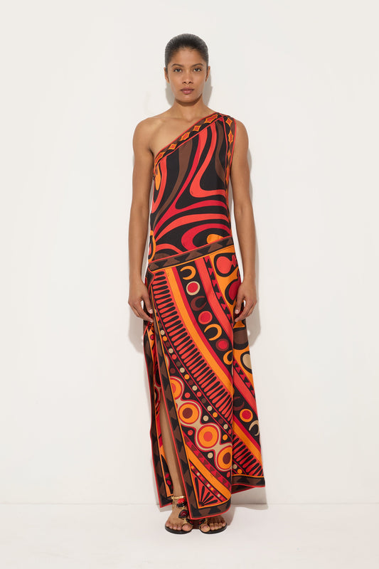 Abito Asimmetrico in Seta in Stampa Marmo e Soleil