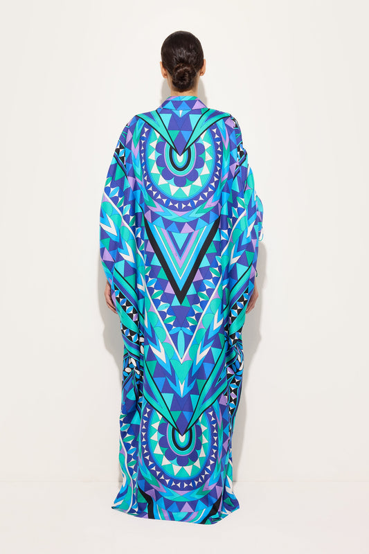 Manuba Print Silk Kaftan with Draped Sleeves
