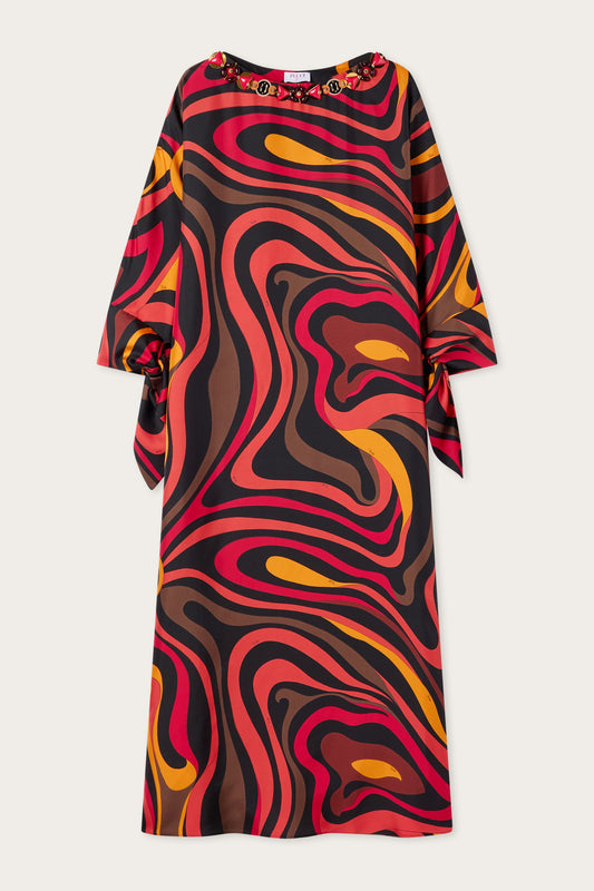 Embroidery Marmo Print Silk Kaftan
