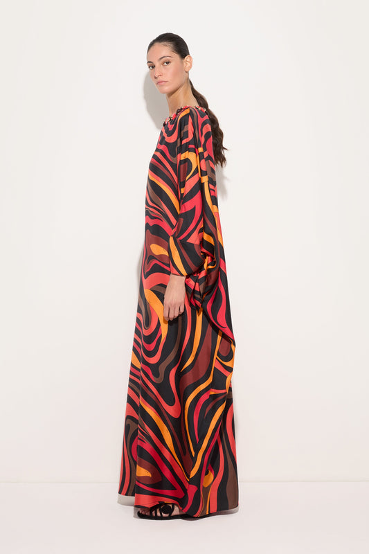 Embroidery Marmo Print Silk Kaftan